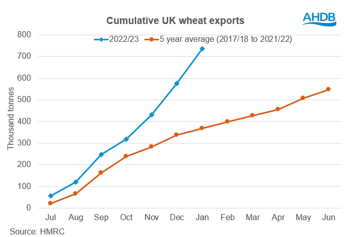 Line graph showing cumulative UK wheat exports for 2022/23 and the 5 year average
